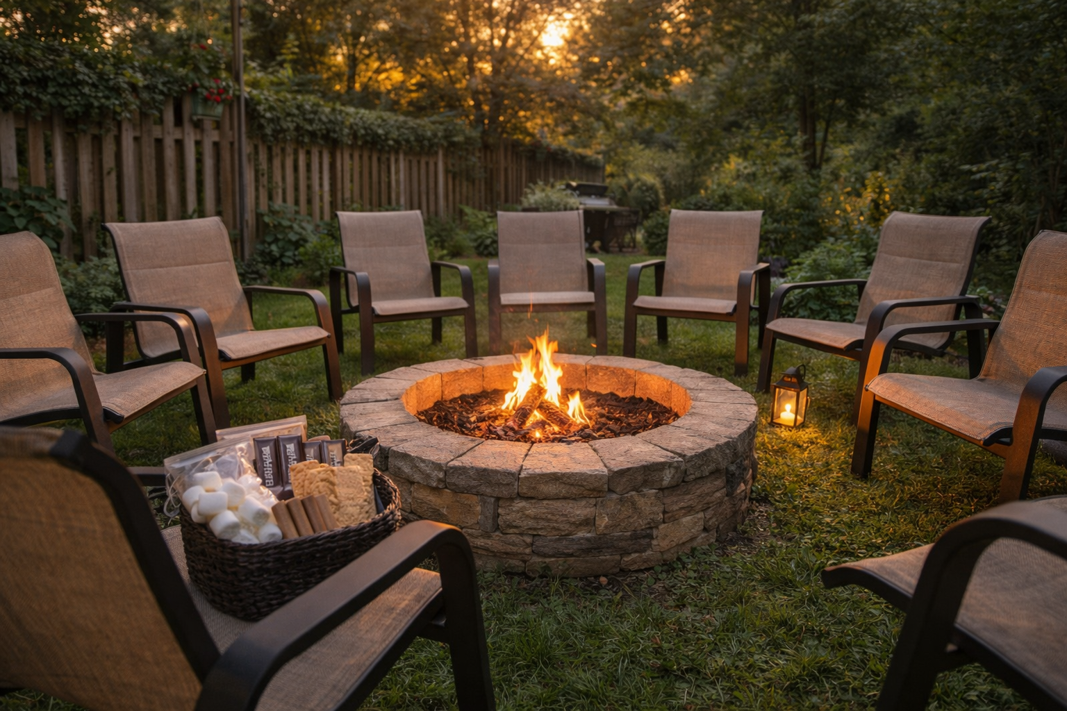 Outdoor backyard gathering area with a stone fire pit surrounded by eight beige chairs, a picnic basket with snacks and marshmallows, lanterns, and a piano in the background, during sunset.