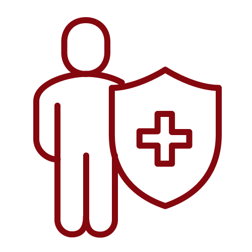 Icon of a person standing next to a shield with a medical cross.