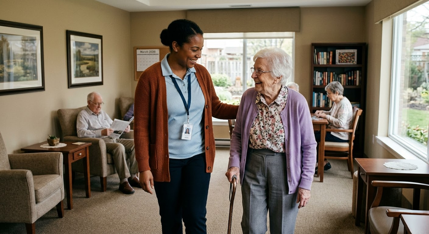 A caregiver and an elderly woman with a cane talking and smiling in a common area of a senior living facility, with other seniors seated and reading nearby.