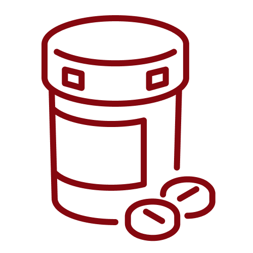 Illustration of a medicine bottle with two pills in front of it.