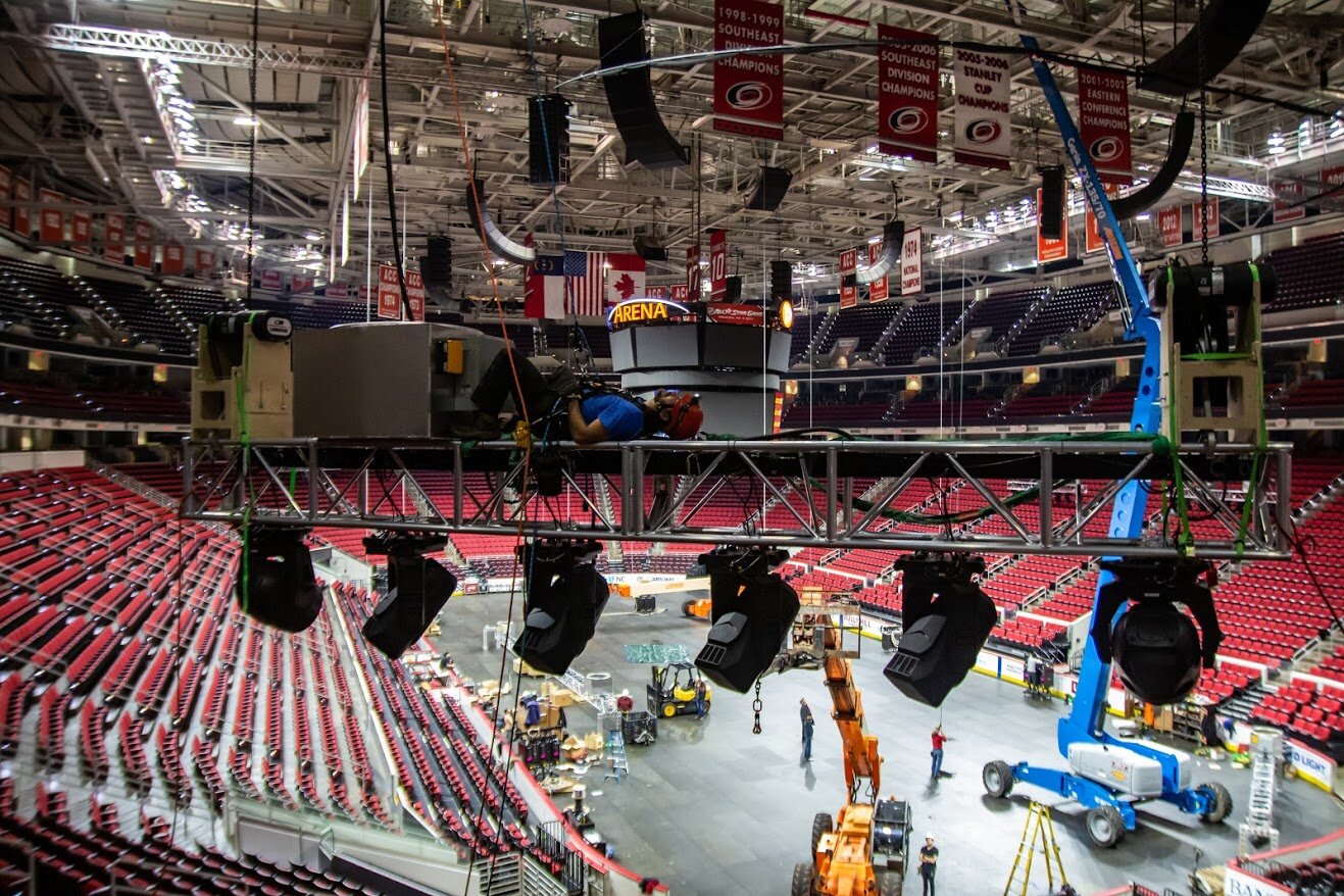 Rigging new lighting at PNC Arena, Raleigh, NC