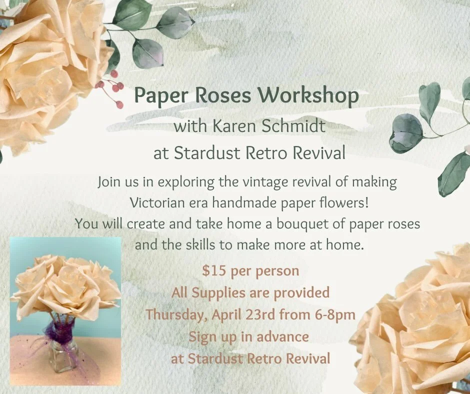 Learn how to make paper flowers with us! 🌹🌹🌹 Karen Schmidt will teach us to make paper roses and we&rsquo;ll all leave with a bouquet! Space is limited, so sign up soon!