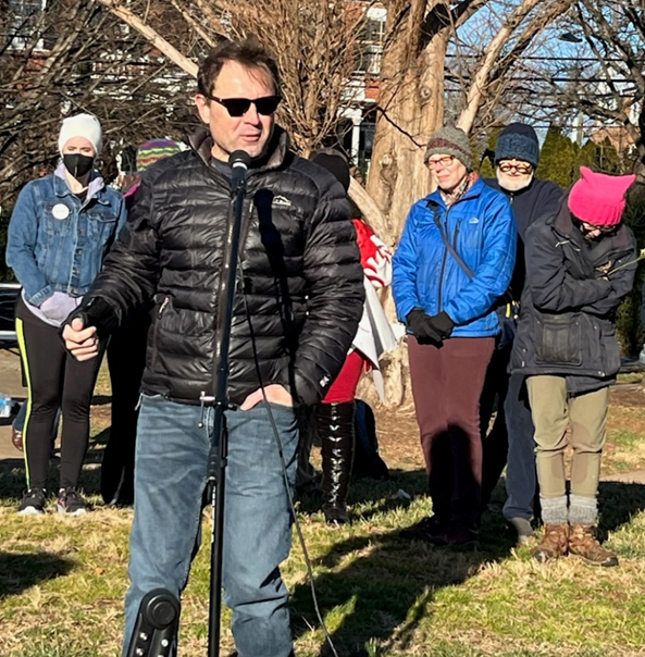 Tom Perriello speaks to the marchers in Charlottesville