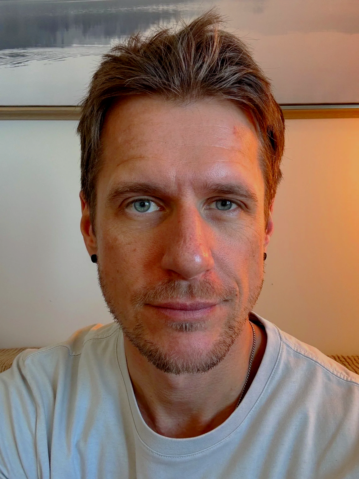 Close-up of a man with blue eyes, light skin, short brown hair, a goatee, wearing a white shirt and black earrings, inside a room with a framed picture of water and sky on the wall behind him.