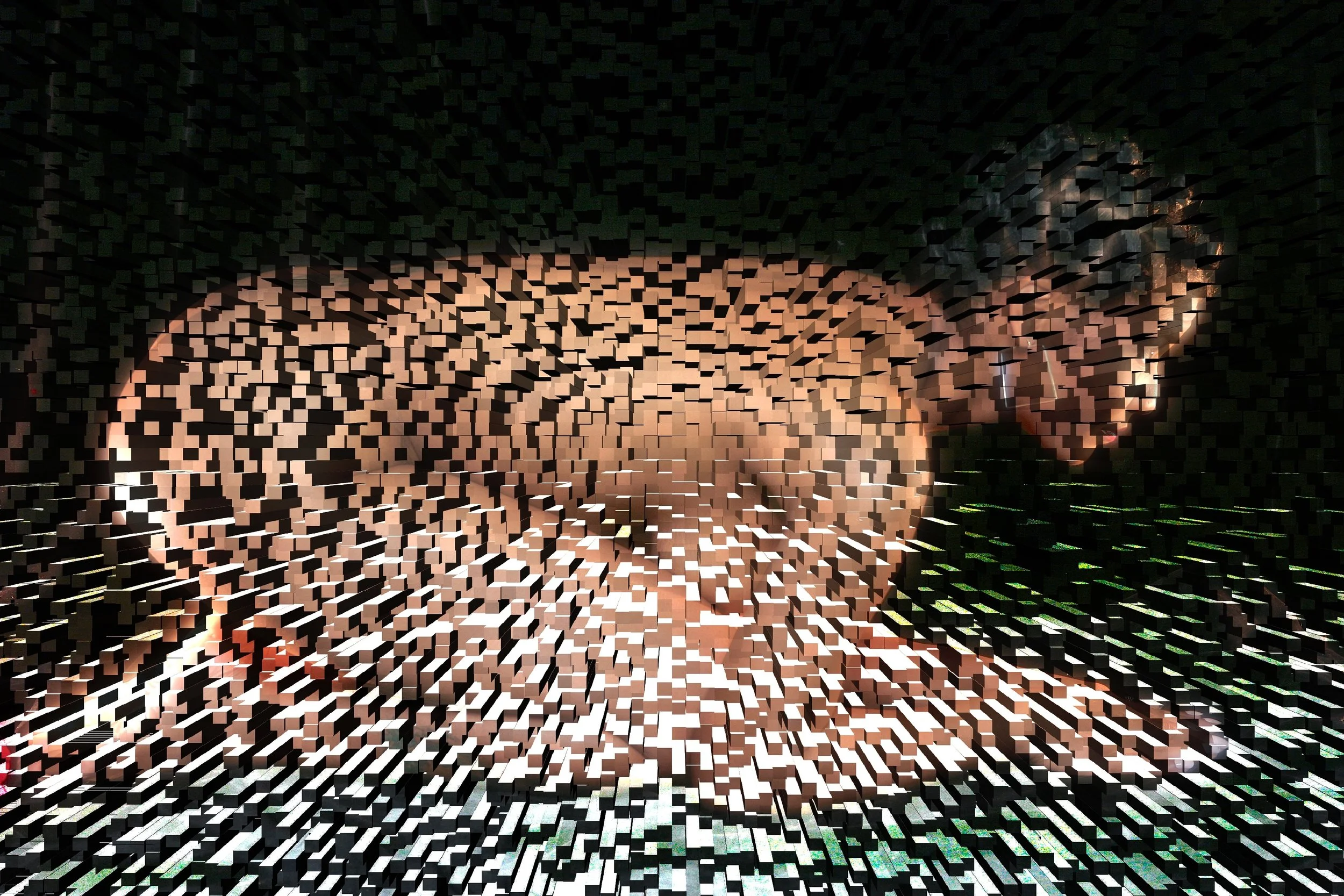 Digital mosaic image of a woman, her face and upper body made of small pixels.