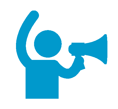 Blue icon of a person holding and speaking into a megaphone.