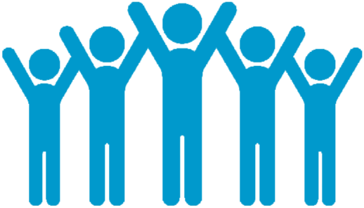 Five stylized blue human figures with their arms raised, standing side by side.