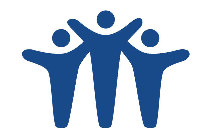 Silhouette of three stylized human figures with arms raised, representing community or teamwork.