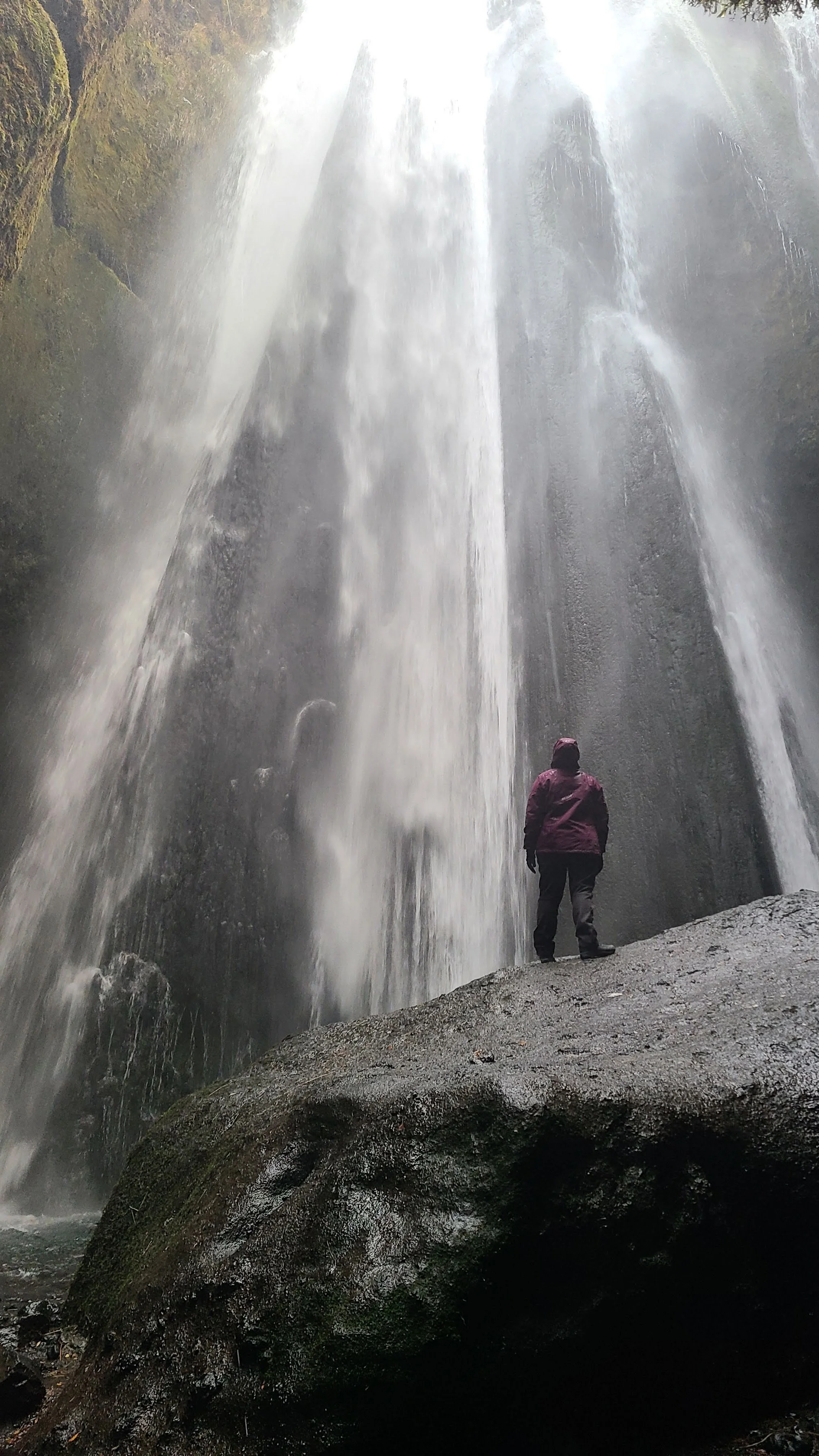 A person standing on a large wet rock in front of a tall waterfall.