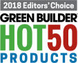 2018 Editors' Choice Green Builder Hot 50 Products logo with text in black, green, red, and blue.