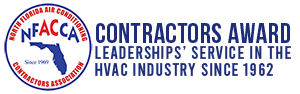 Logo of the Florida Air Conditioning Contractors Association (FACC), featuring a circular emblem with red, white, and blue colors, and text indicating awards for leadership's service in the HVAC industry since 1962.