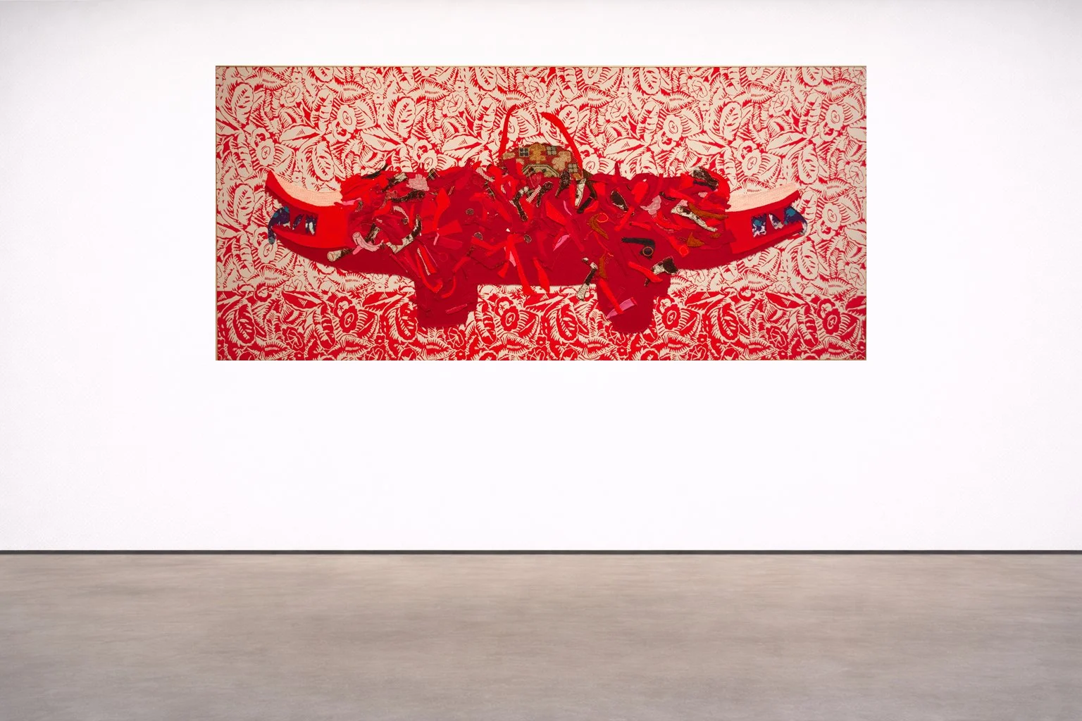  HOT DOG, 2016  VARIOUS FABRICS &amp; EMBROIDERIES, 35 1/2 X 78 INCHES (90 X 200 CM)  EXHIBITED IN 2025-26: JMB FINE ARTS GALLERY, HUDSON, NY | 2022, DOMUS ART GALLERY, ATHENS, GREECE | 2016, GALERIE CHEVALIER &amp; PARSUA, PARIS, FRANCE  PRIVATE COL