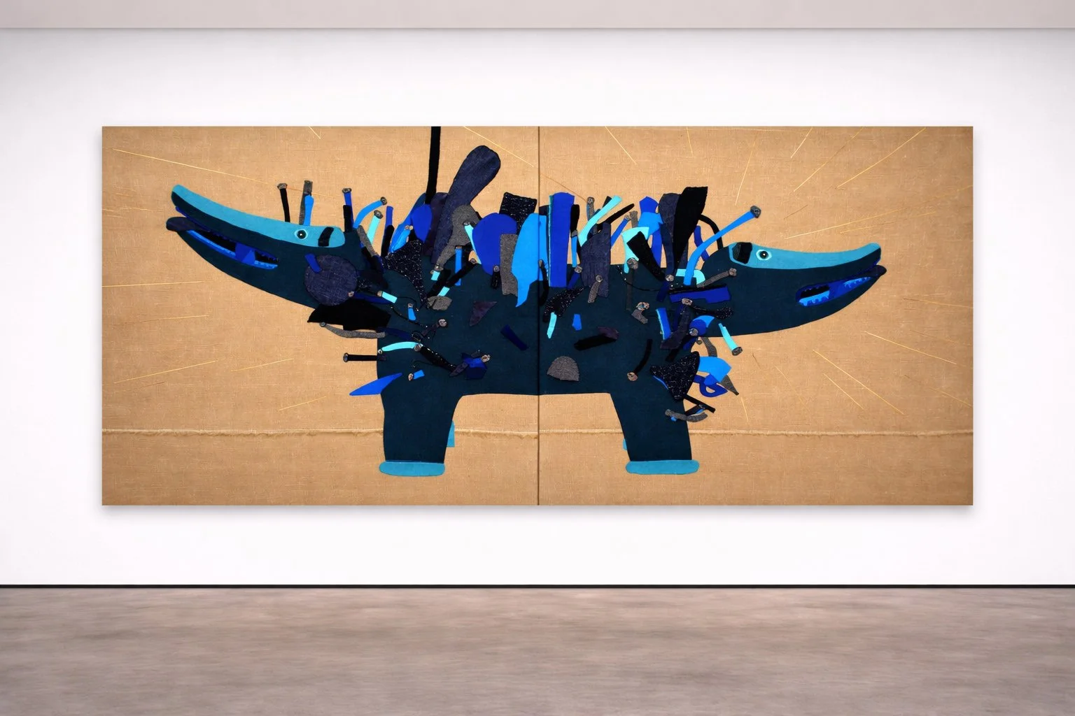  WAOUF-WAOUF, 2012  VARIOUS FABRICS &amp; EMBROIDERIES, 48 X 48 INCHES (122 X 122 CM) &amp; 48 X 48 INCHES (122 X 122 CM)  EXHIBITED IN 2012, TAMBARAN GALLERY, NYC  PRIVATE COLLECTION, ROMA, ITALY 