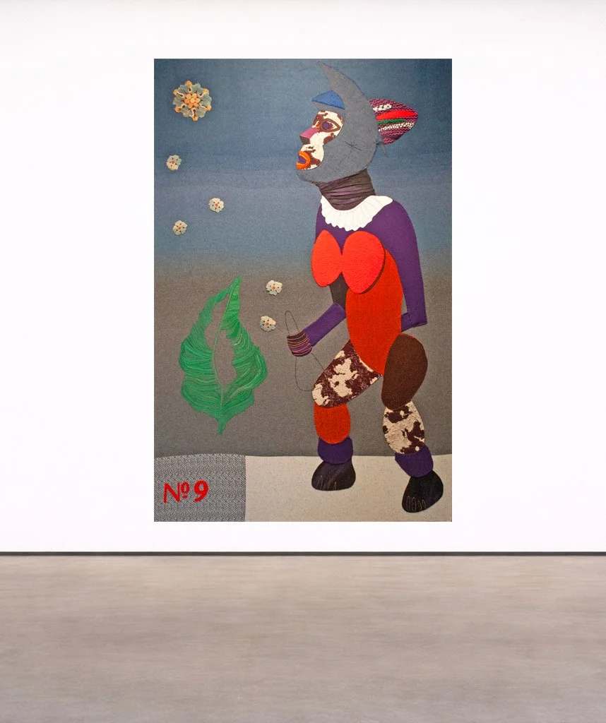  KNIGHT NINE, 2015-24  VARIOUS FABRICS, EMBROIDERIES &amp; BEADS, 87 X 51 INCHES (220 X 130 CM)  EXHIBITED IN 2025-26, JMB FINE ARTS GALLERY, HUDSON, NY | 2022, DOMUS ART GALLERY, ATHENS, GREECE&nbsp;| 2016, GALERIE CHEVALIER &amp; PARSUA, PARIS, FRA