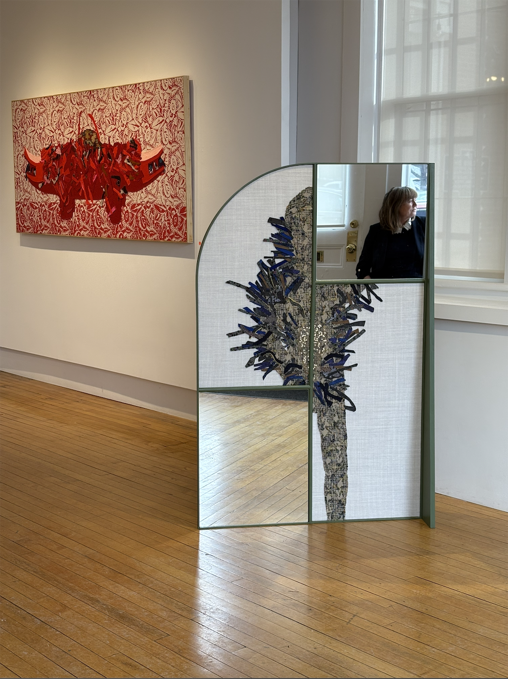  WHISPERING WALL, 2025   WOOD, FABRIC, EMBROIDERIES AND GOLD LEAF, 55 1/2 X 36 1/2 INCHES (141 X 93 CM)  EXHIBITED IN 2025-26 | JMB FINE ARTS GALLERY, HUDSON, NY&nbsp; 