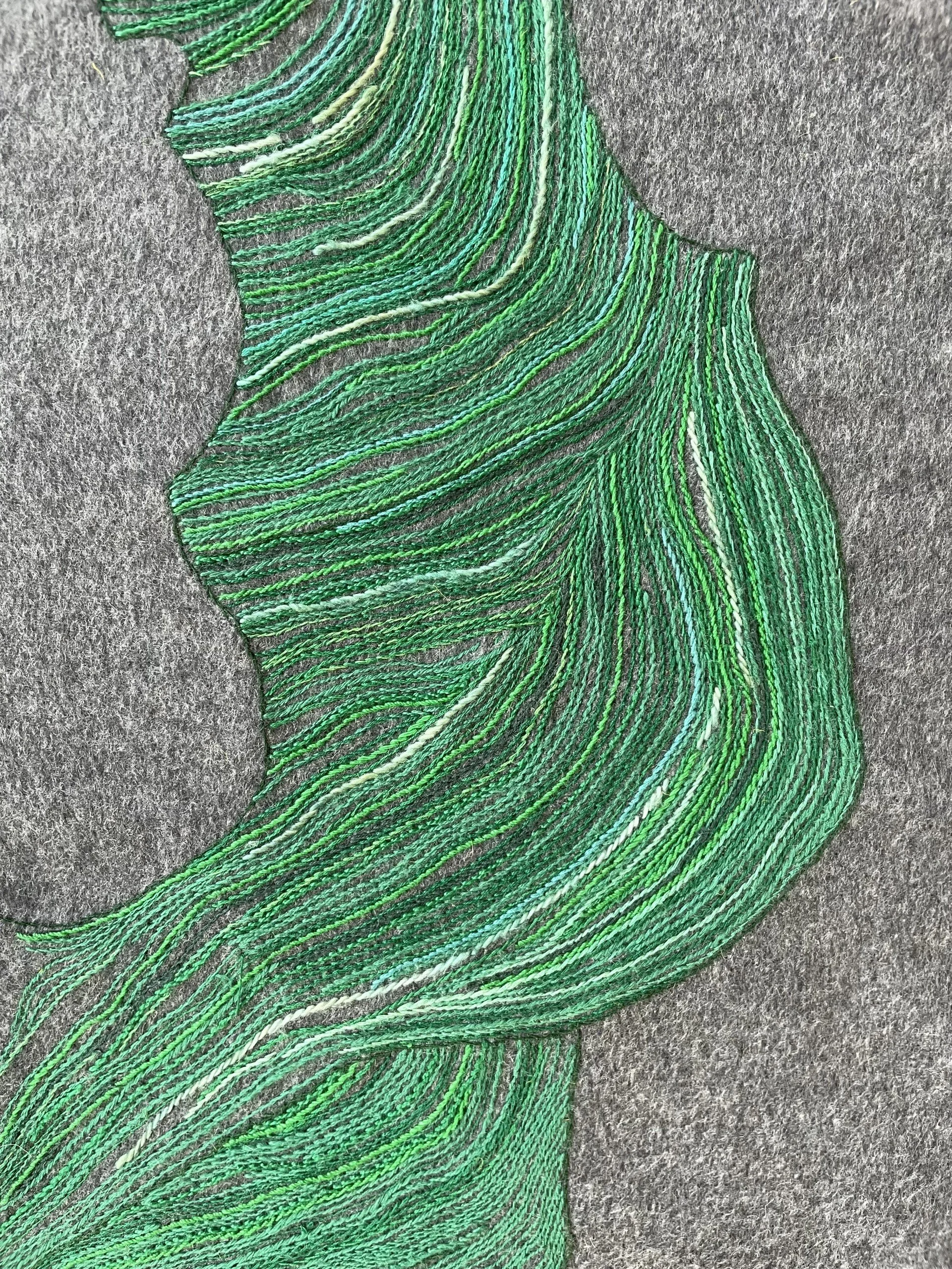 Detail of an embroidered leaf on the artwork Knight Nine.