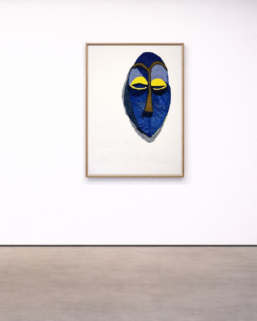 Florence Vacher | Ceci n'est pas une demoiselle, 2025, various fabrics & embroideries; 30 x 22.5 inches (76.2 x 57 cm) Frame: UV filter & museum | Exhibited in 2025-26, JMB Fine Arts, Hudson, NY | 2024, Tambaran Gallery, NYC