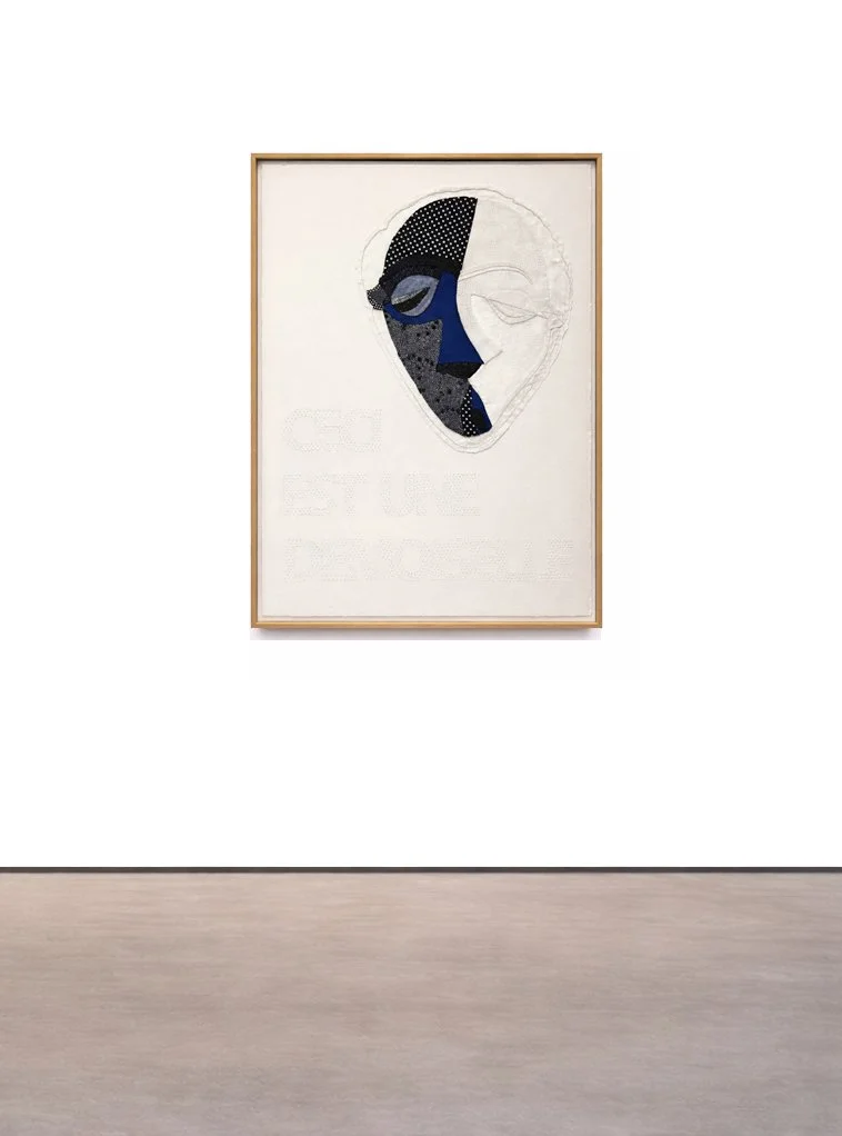 Florence Vacher | Ceci est une demoiselle, 2025, various fabrics & embroideries; 30 x 22.5 inches (76.2 x 57 cm) Frame: UV filter & museum | Exhibited in 2025-26, JMB Fine Arts, Hudson, NY | 2024, Tambaran Gallery, NYC