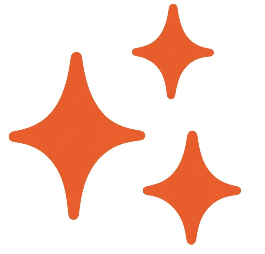 Three orange sparkle icons on a white background.