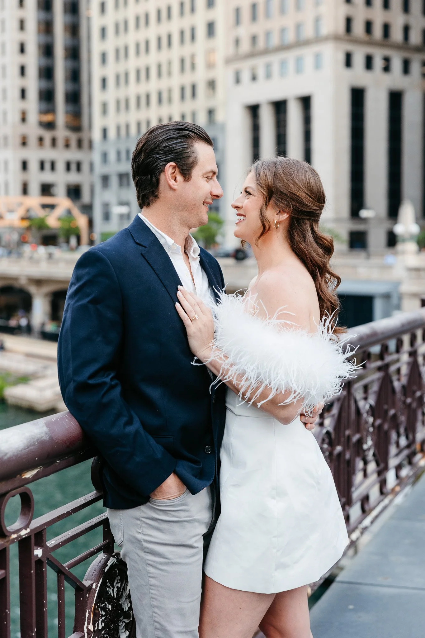 
downtown chicago riverwalk engagement photos
