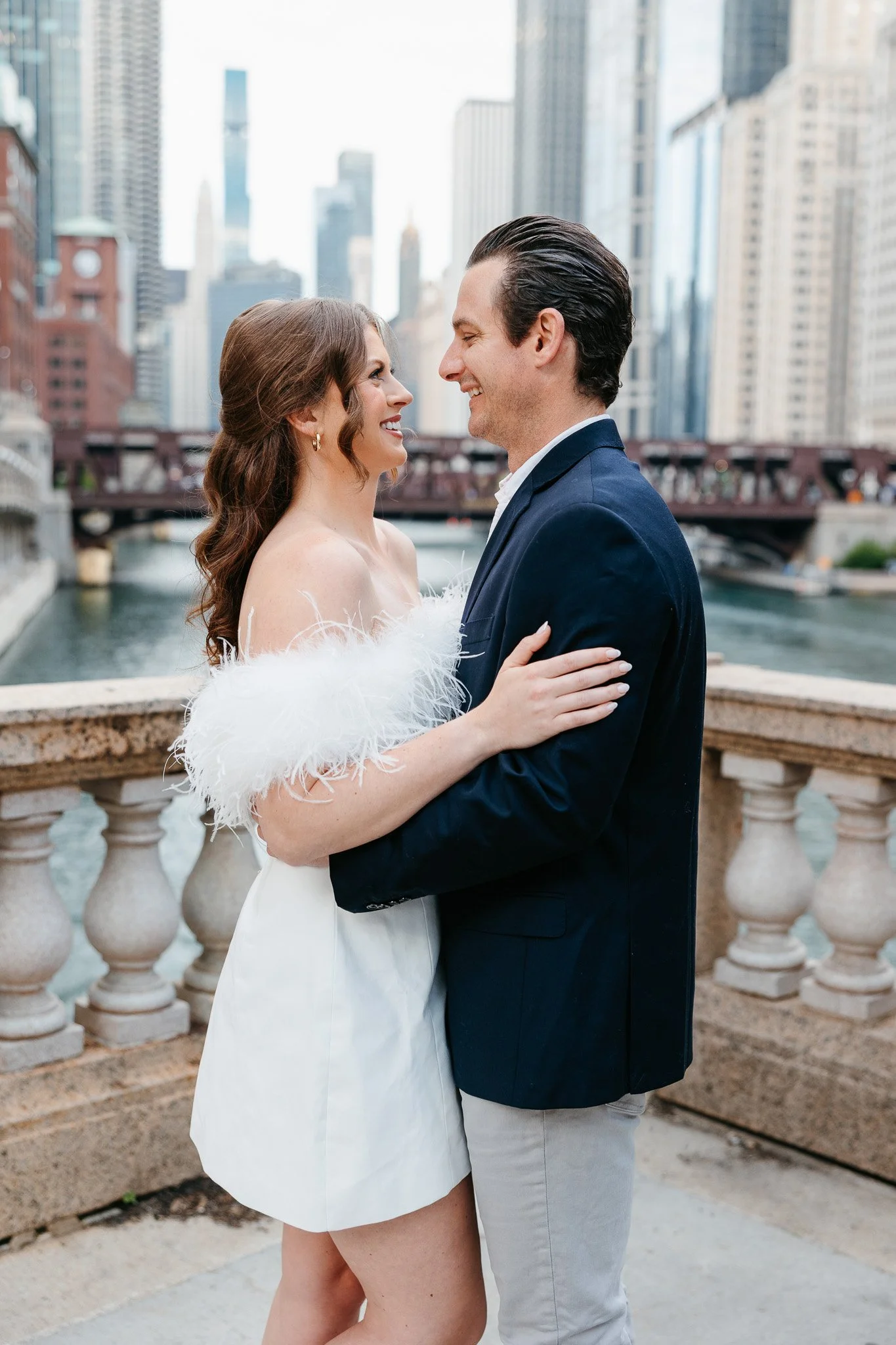 
downtown chicago riverwalk engagement photos
