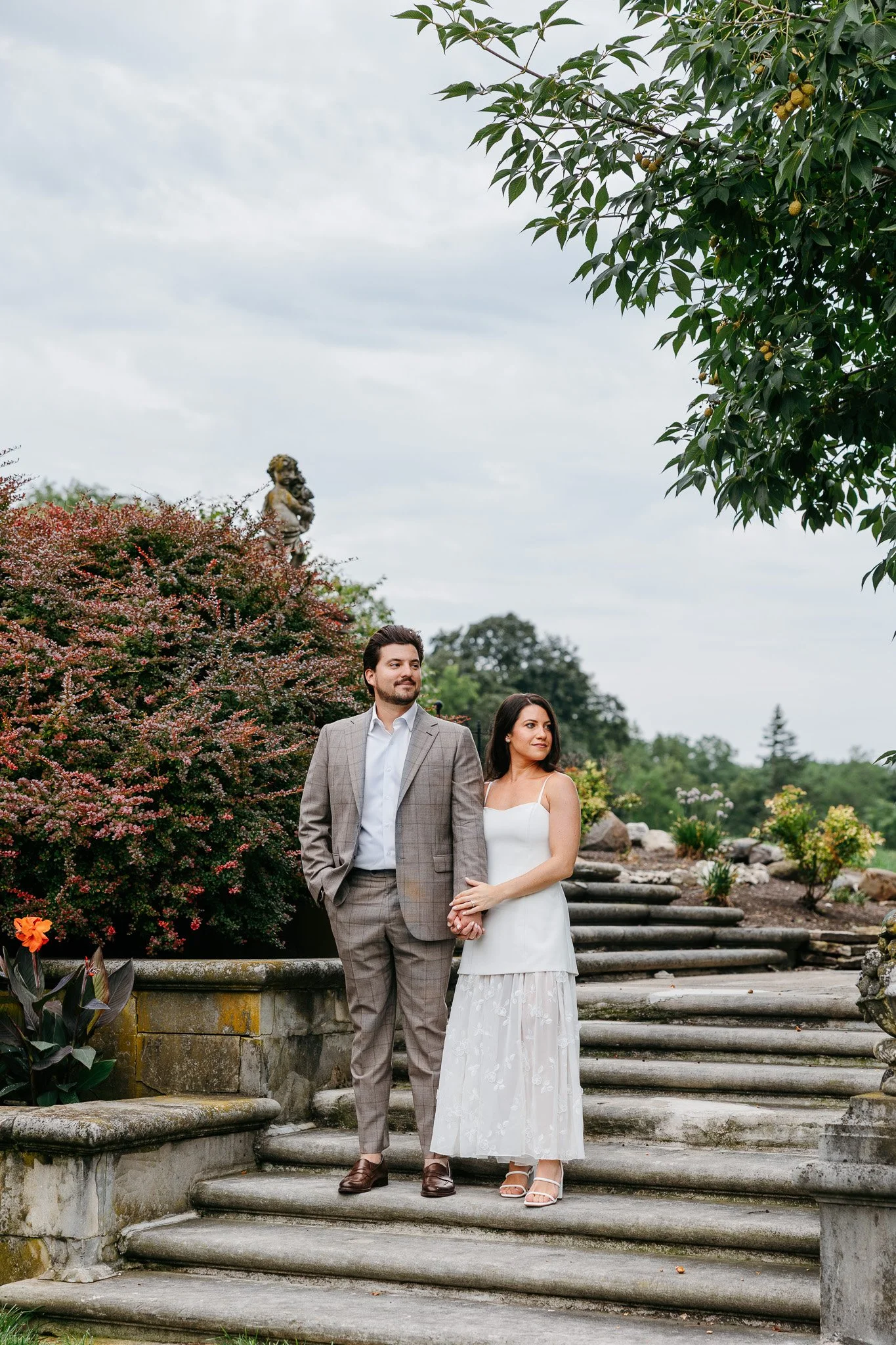 Intimate engagement photos at Cuneo Mansion near Chicago, photographed with a mix of film and digital.