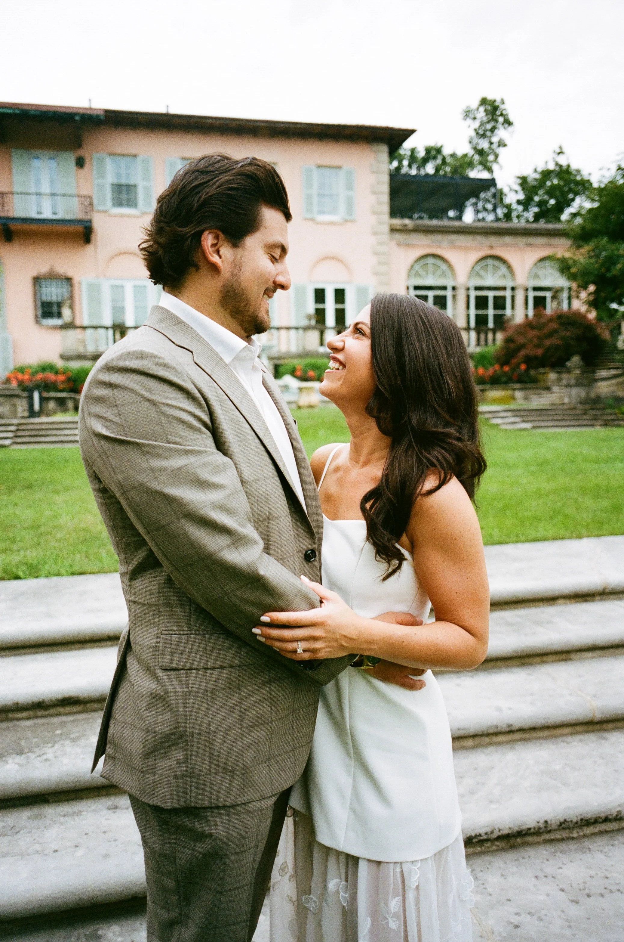 Soft, nostalgic film image from an engagement session at Cuneo Mansion near Chicago.