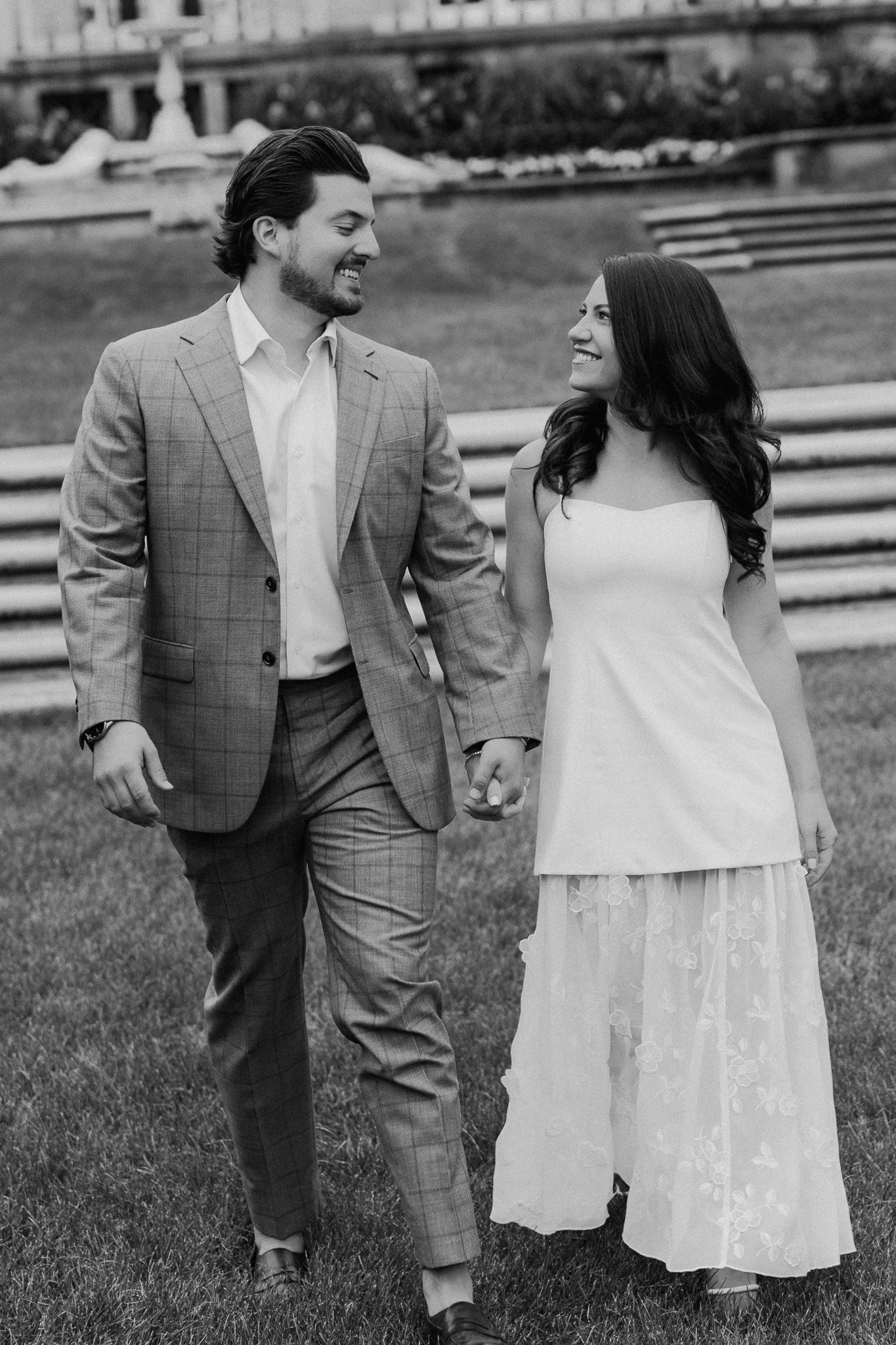 Joyful candid engagement session at Cuneo Mansion just outside of Chicago, documented in both digital and film.