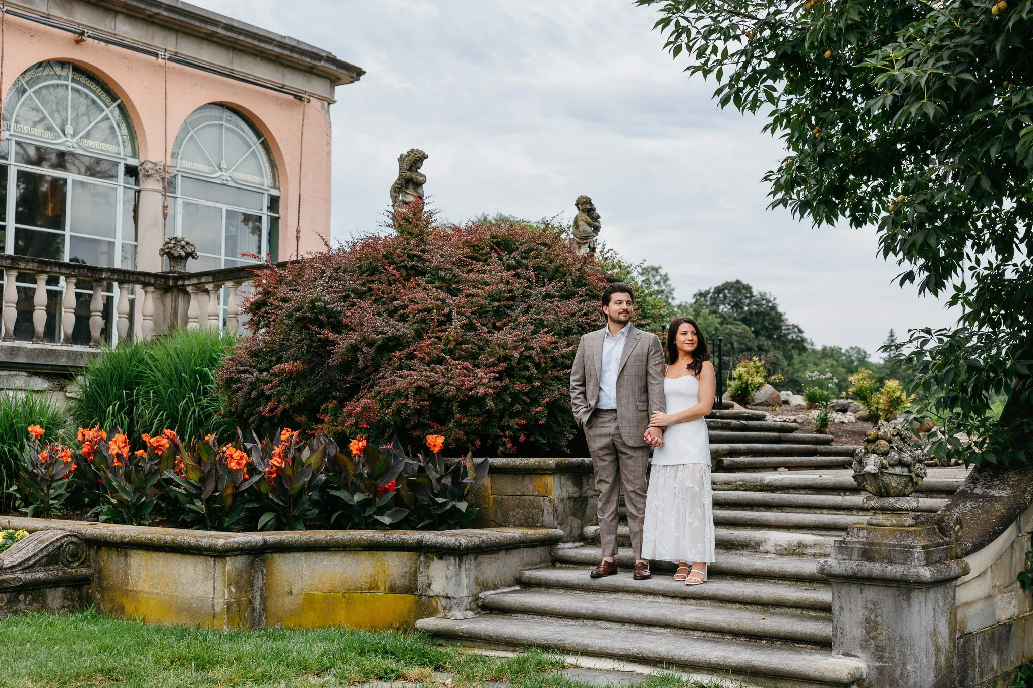 Intimate engagement photos at Cuneo Mansion near Chicago, photographed with a mix of film and digital.