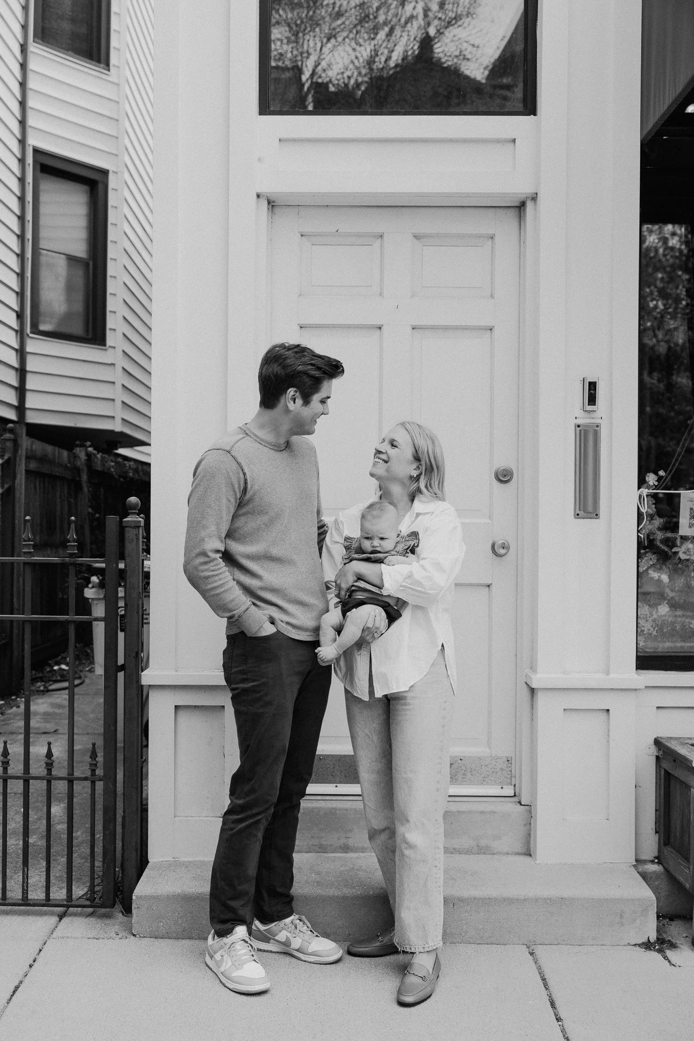 candid film style chicago family photos in neighborhood