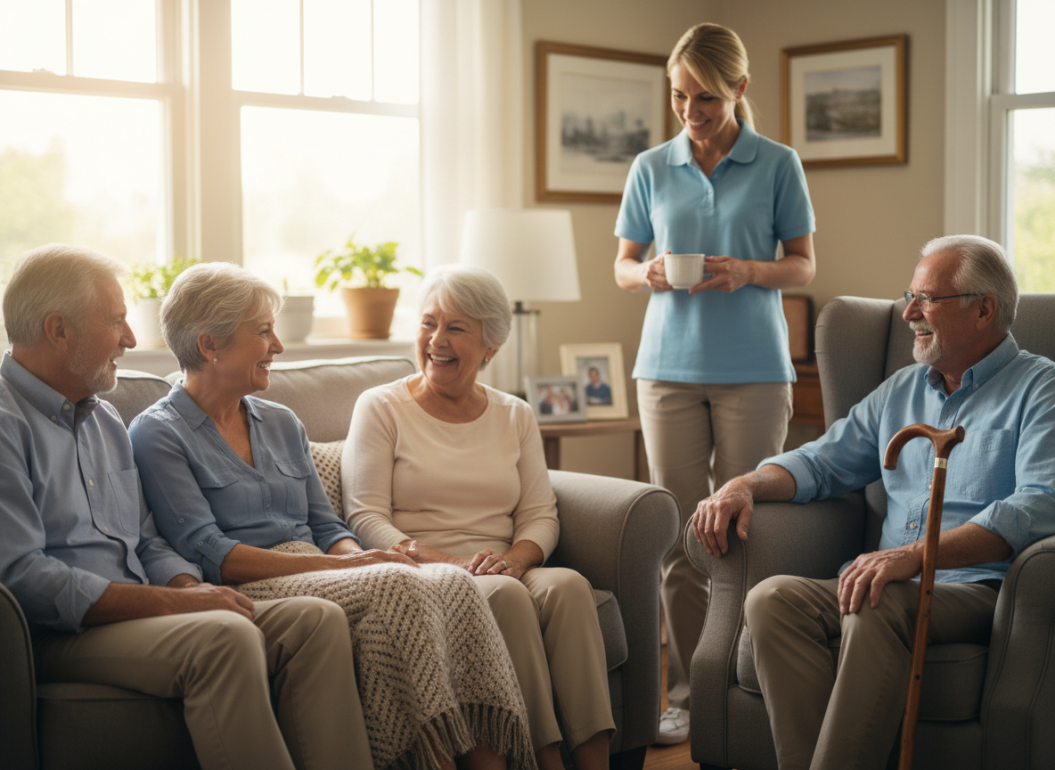 Group of elderly people sitting on couches and smiling, while a caregiver woman offers a cup to one of them in a cozy living room.
