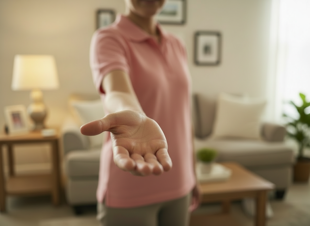 A person in a pink shirt extending their hand forward, with the focus on the open hand, in a living room setting.