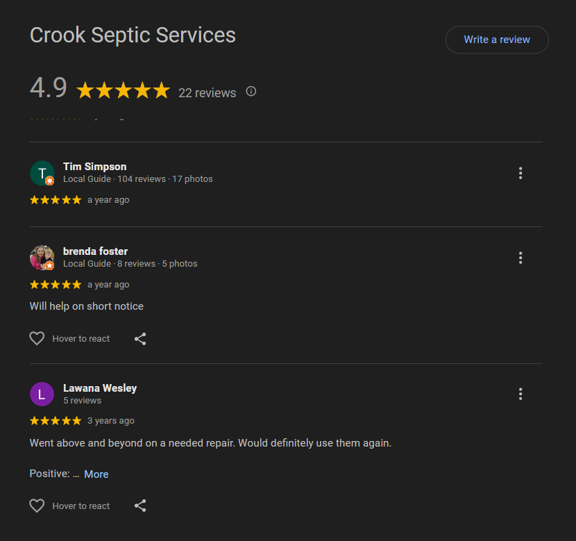 Screenshot of Google reviews for Crook Septic Services showing a high rating of 4.9 stars from 22 reviews, with reviews from Tim Simpson, Brenda Foster, and Lawana Wesley.