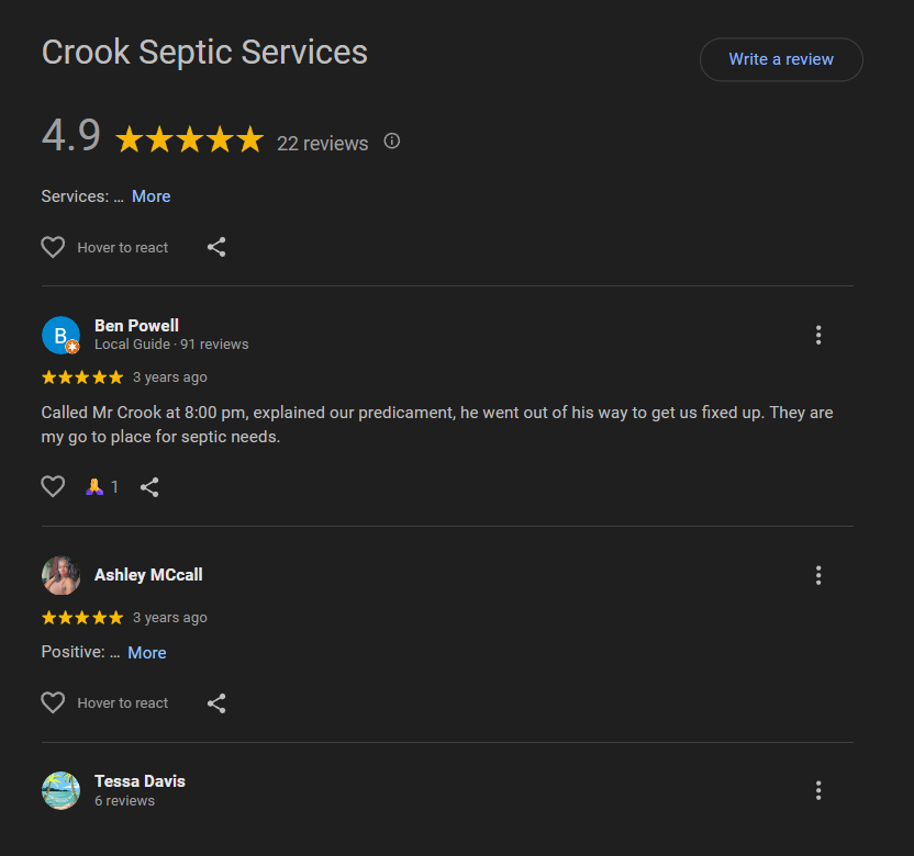 Screenshot of Crook Septic Services Google reviews with a 4.9-star rating from 22 reviews, showing reviews from Ben Powell, Ashley McCall, and Tessa Davis, with a prompt to write a review.