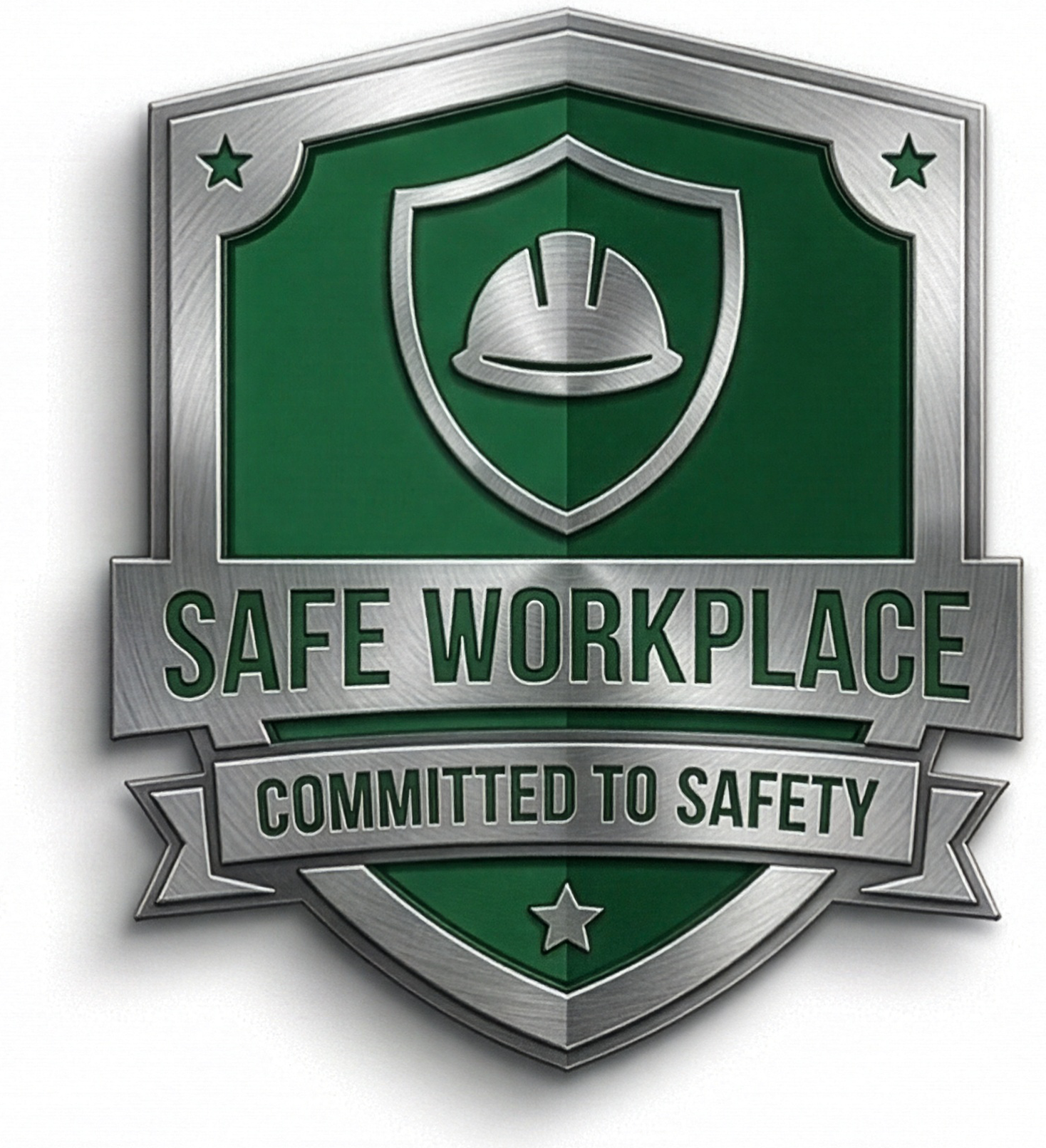 A metal emblem with a green background and silver border, featuring a shield, a construction helmet, and text that reads "Safe Workplace