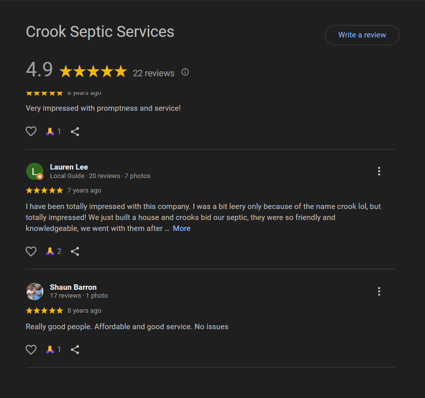 Online reviews for Crook Septic Services, showing a 4.9-star rating based on 22 reviews, with comments praising promptness, friendliness, knowledge, affordability, and good service.