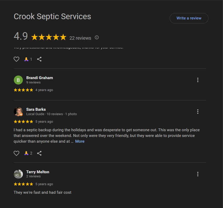 Google reviews page for Crook Septic Services showing a high rating of 4.9 stars based on 22 reviews, with some individual reviews praising their quick, friendly, and reliable septic backup services.