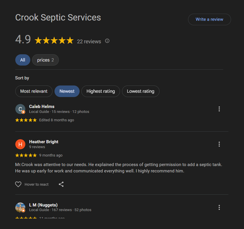 Screenshot of Crook Septic Services' Google reviews showing a 4.9-star rating from 22 reviews, with reviews from Caleb Helms, Heather Bright, and L M (Nuggets).