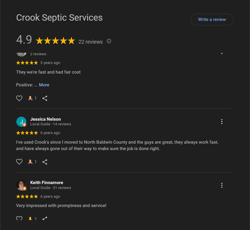 Screenshot of online reviews for Crook Septic Services, showing a 4.9-star rating based on 22 reviews, with positive comments about fast service, fair costs, and reliability from customers Jessica Nelson and Keith Finnamore.