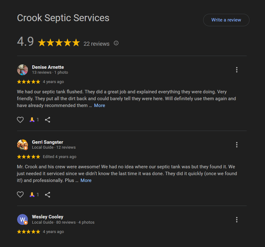 Google reviews for Crook Septic Services with five-star ratings from three reviewers.