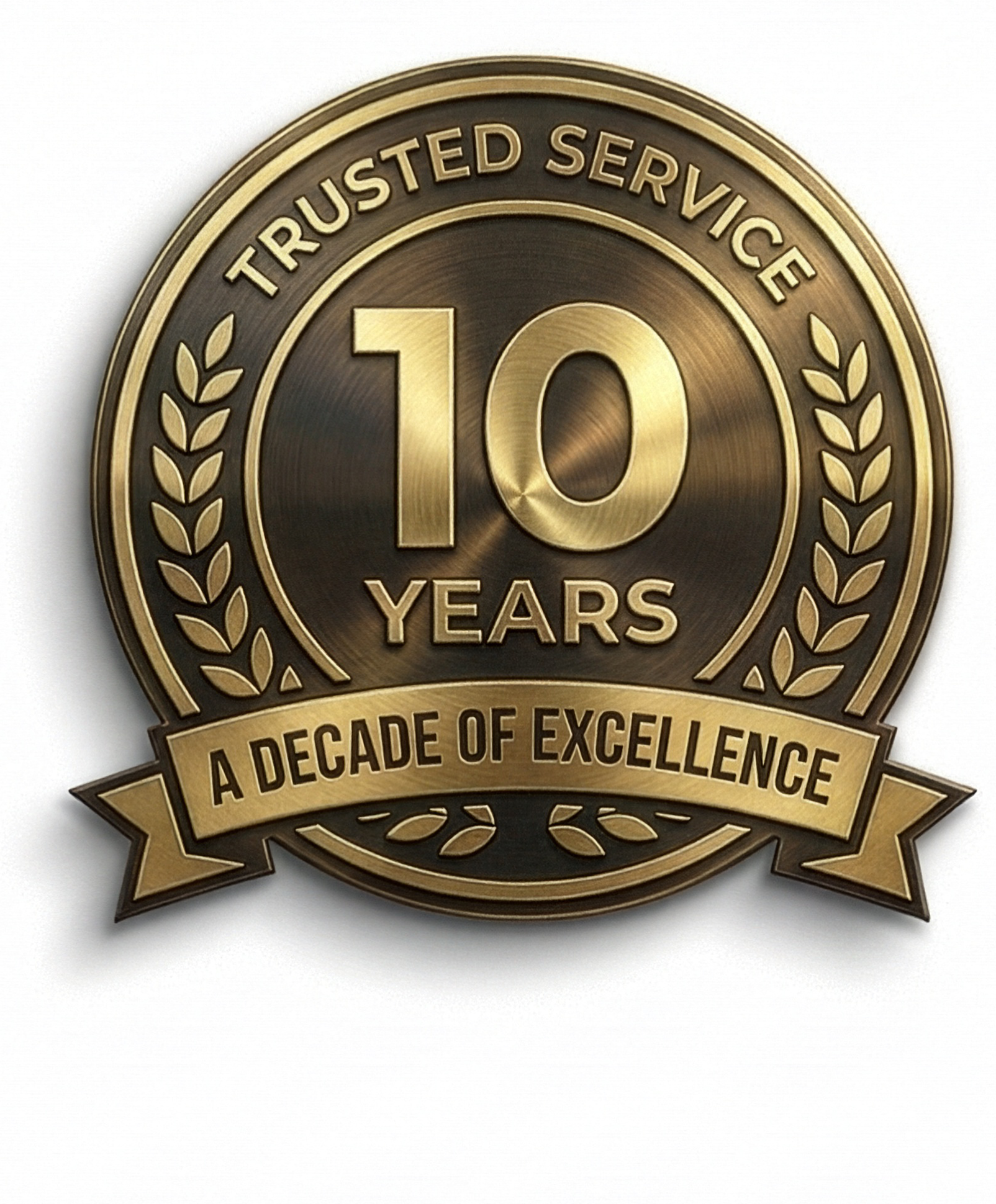 Gold and black commemorative badge celebrating 10 years of trusted service with the phrase "A Decade of Excellence" and decorative laurel leaves.
