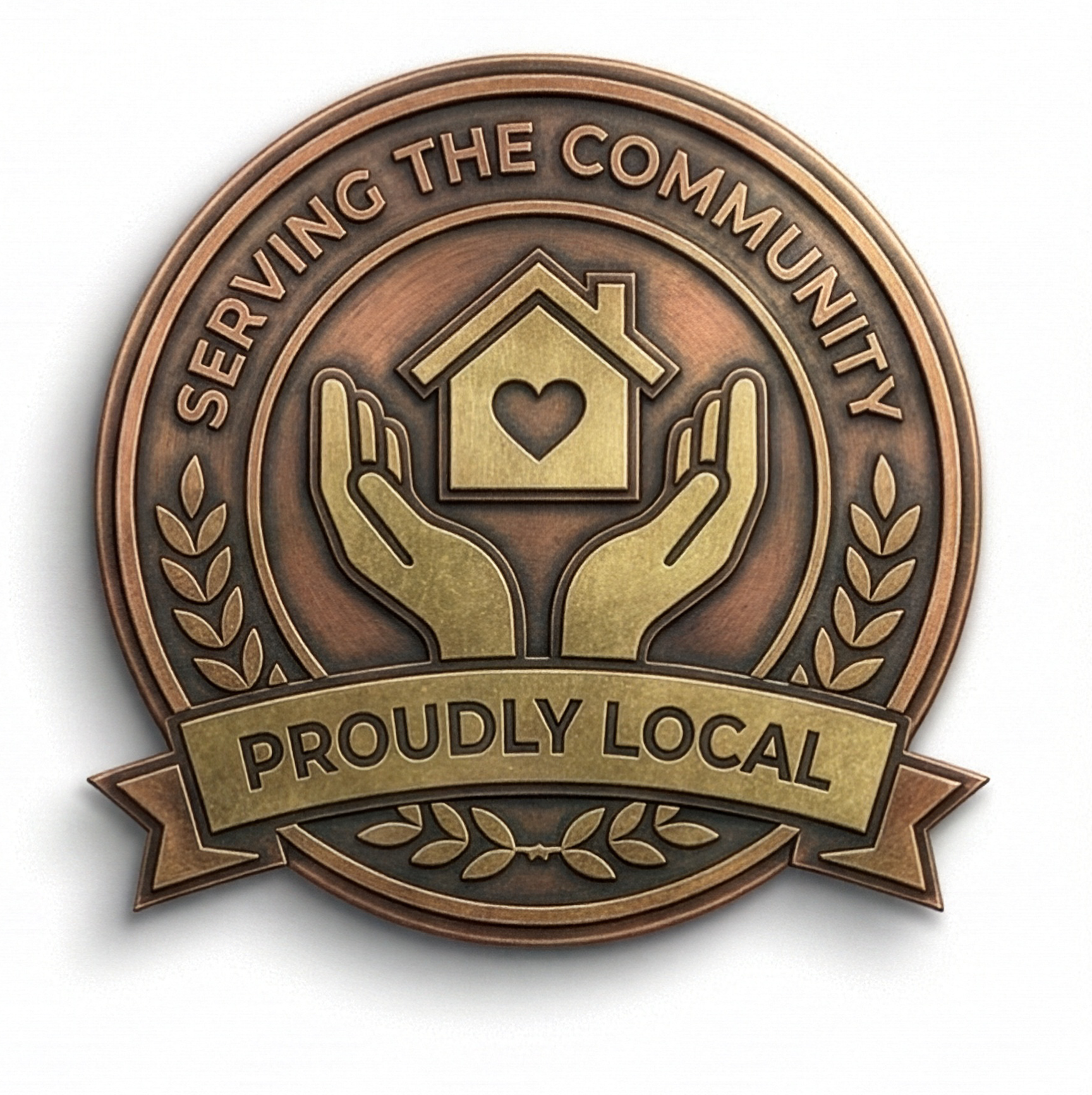 A circular metal badge with an embossed image of a house with a heart shape in the center, surrounded by two hands. The badge has the words "SERVING THE COMMUNITY" at the top and "PROUDLY LOCAL" at the bottom.