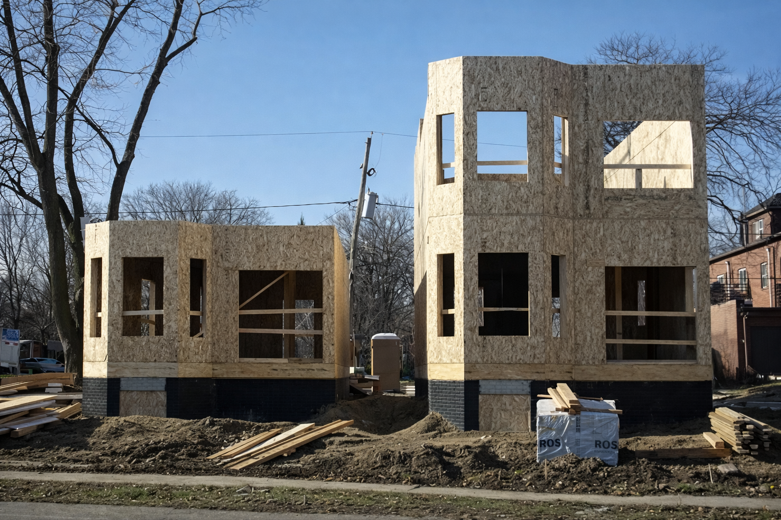 Structural Insulated Panel (SIP) building under construction showing panelized wall and roof installation.