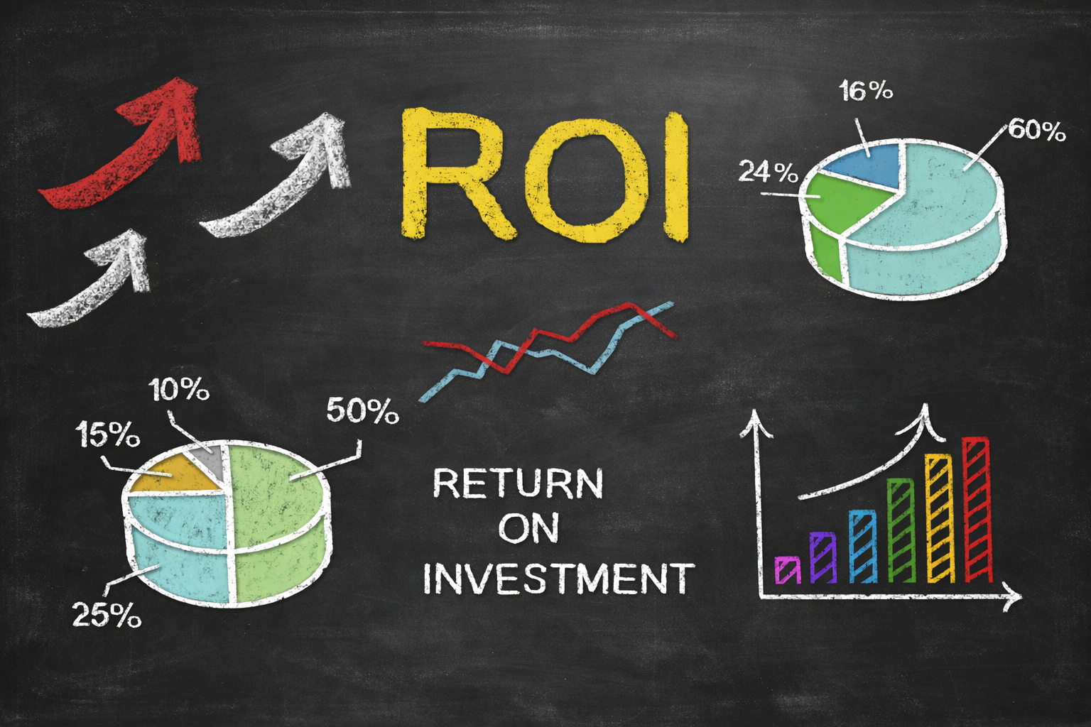 Return on investment (ROI) concept illustration showing charts and growth indicators related to consulting ROI and business performance