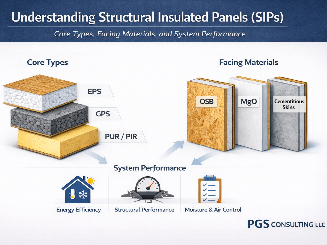 Infographic showing SIP panel materials including EPS, GPS, and PUR/PIR core types with OSB, MgO, and cementitious facing materials and system performance factors like energy efficiency, structural performance, and moisture control.