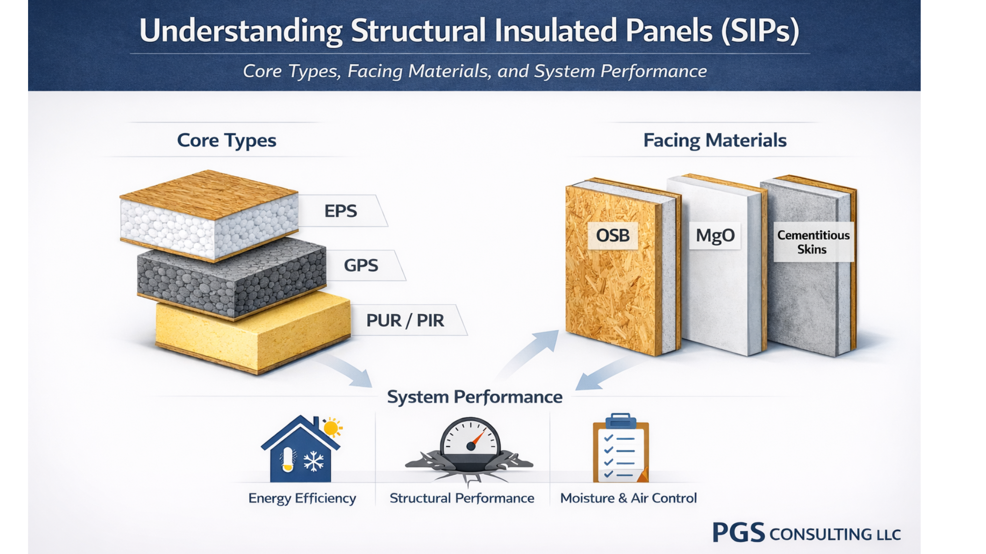 Diagram comparing EPS, GPS, and PUR/PIR SIP core types with R-value ranges.