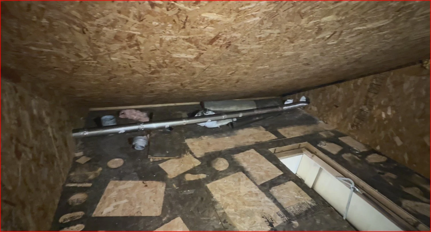 Soot build up on floor, walls and roof no discoloration of OSB