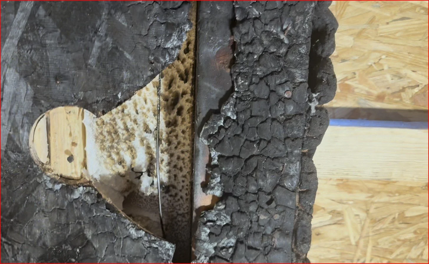 OSB chars, the foam retreats from the heat