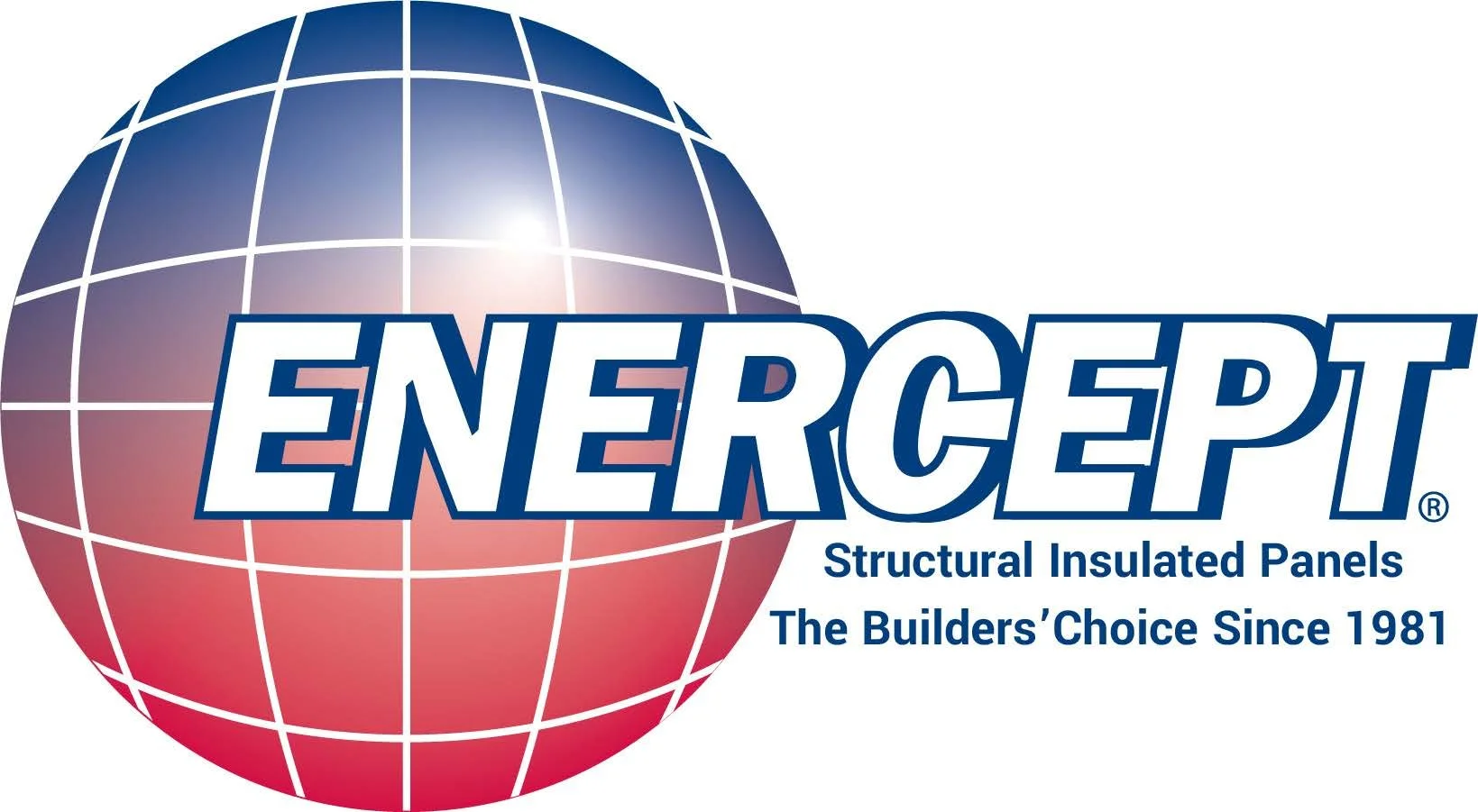Logo of ENERCEPT featuring a stylized globe with a gradient from blue to red, the brand name in bold blue letters, and text indicating structural insulated panels and since 1981.