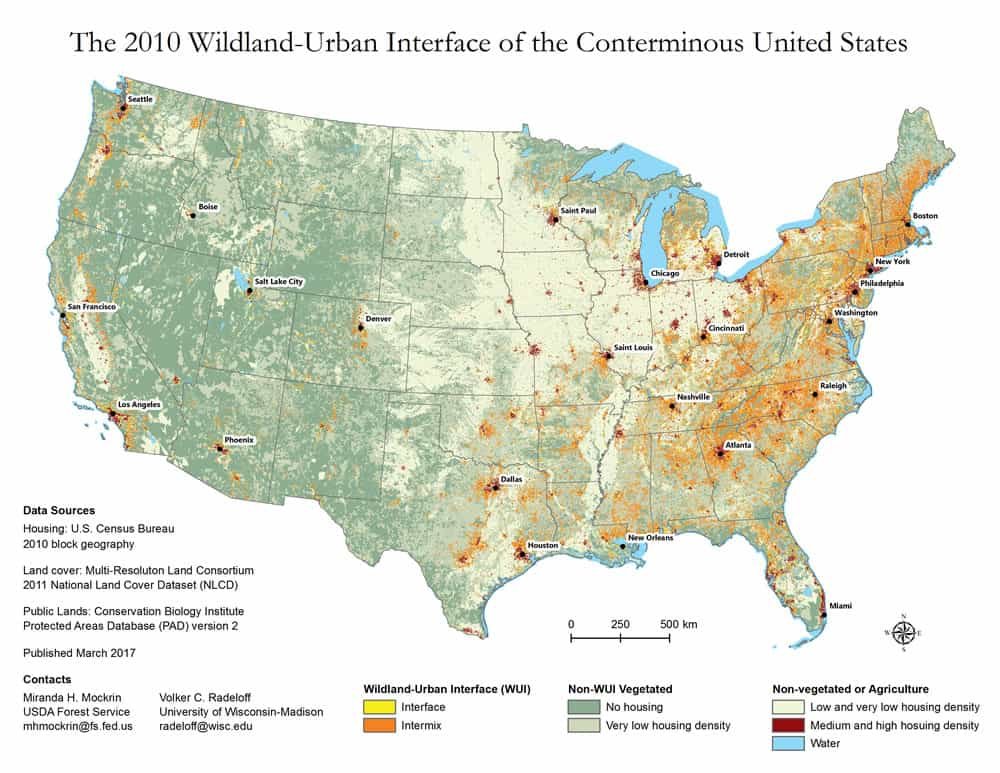 map of the united stated showing the wildland-urban interface